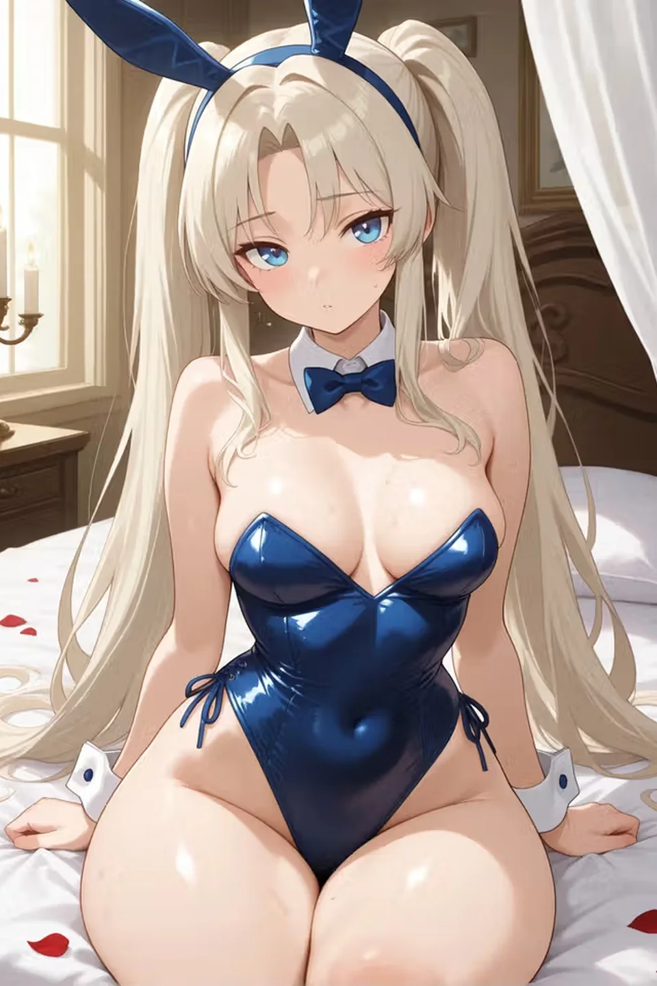 AI-generated clearly adult anime bunny woman in revealing blue costume with rabbit ears