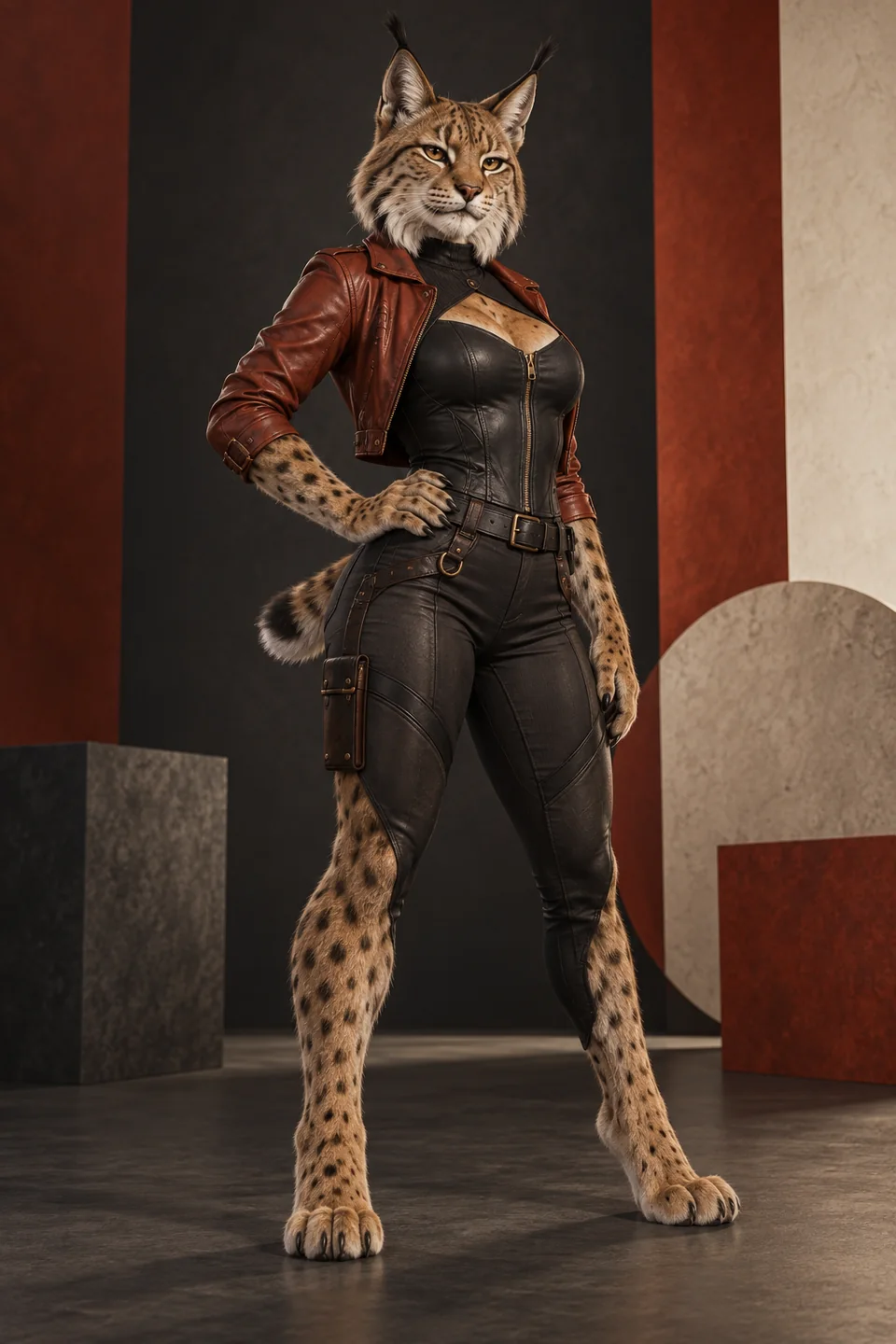 AI-generated adult anthropomorphic spotted lynx woman in modern leather fashion