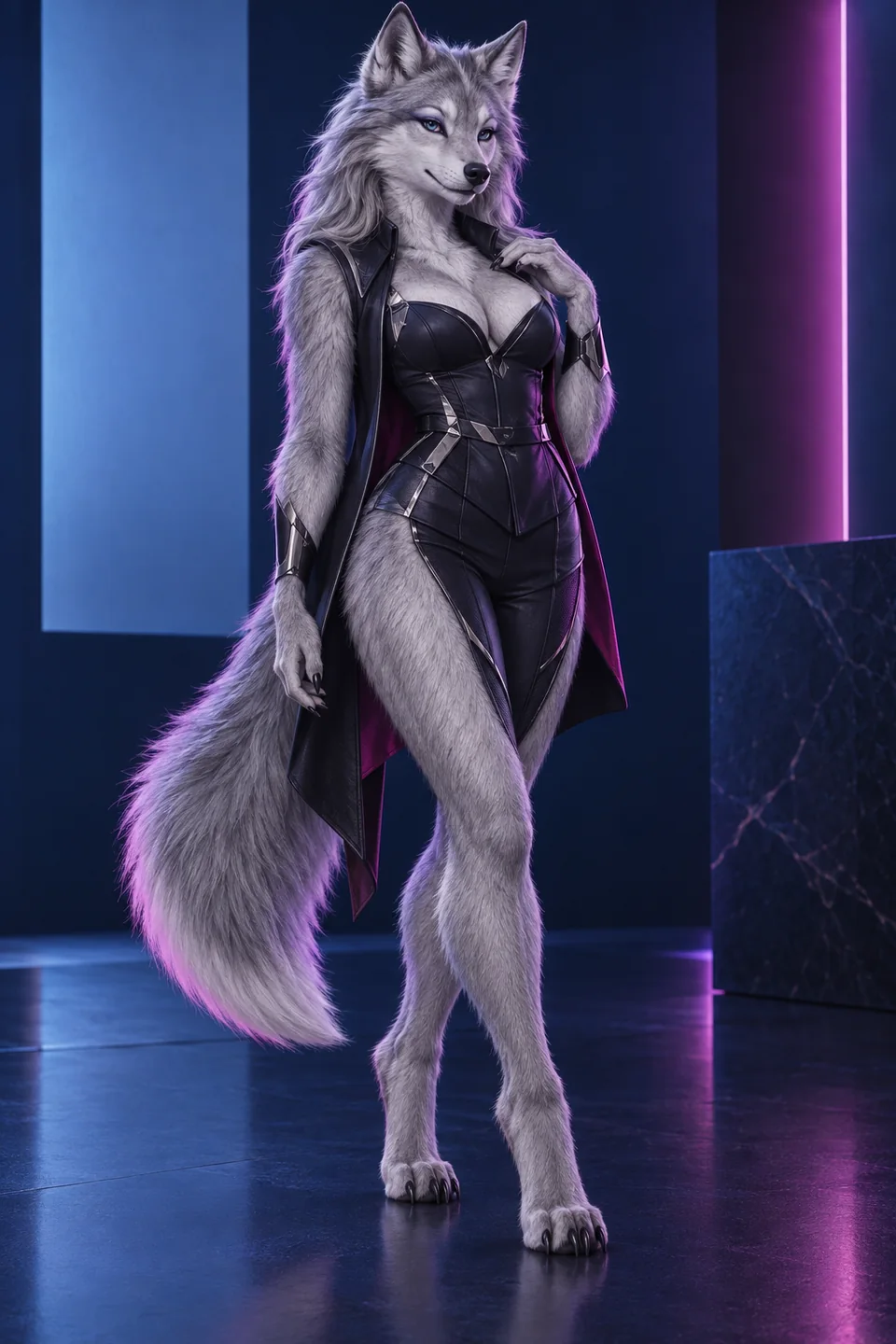 AI-generated adult anthropomorphic silver wolf woman with canine muzzle, fur, paws, and tail