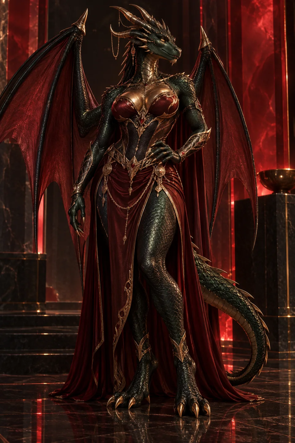 AI-generated adult anthropomorphic dragon woman in an ornate couture armor dress